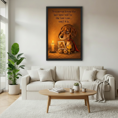 Emotional dachshund candlelight quote framed canvas wall art print in minimalist living room, warm amber dog lover illustration