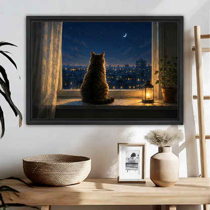 Cat watching night city moonlit oil painting wall art print in black float frame above wooden console table