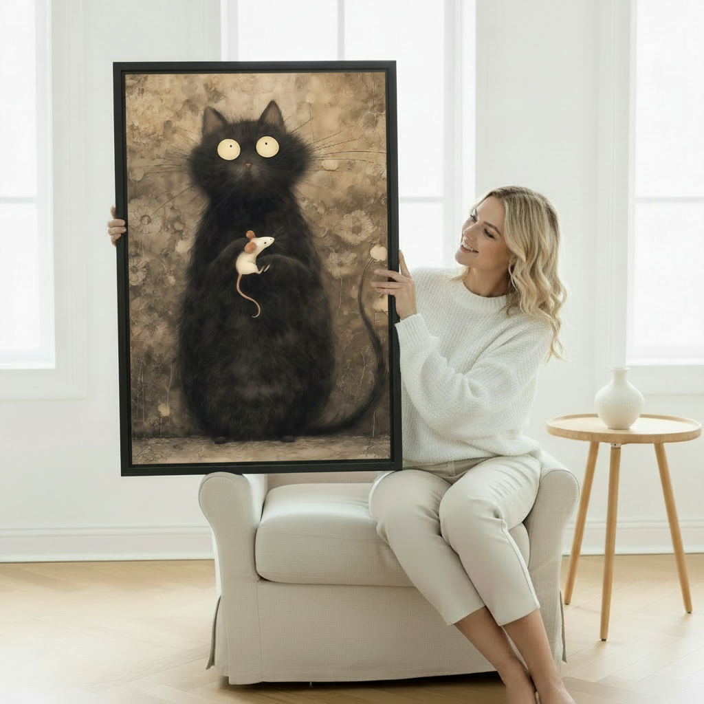 Black cat canvas wall art in black frame – eclectic home decor with antique aesthetic