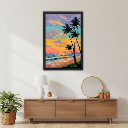 Tropical Beach Sunset Palm Tree Oil Painting Wall Art l1986