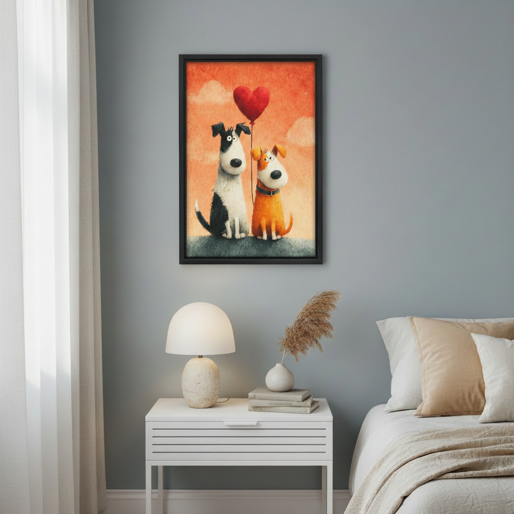 Whimsical Dog Duo Heart Balloon Canvas Wall Art - Romantic Pet Illustration for Bedroom Wall