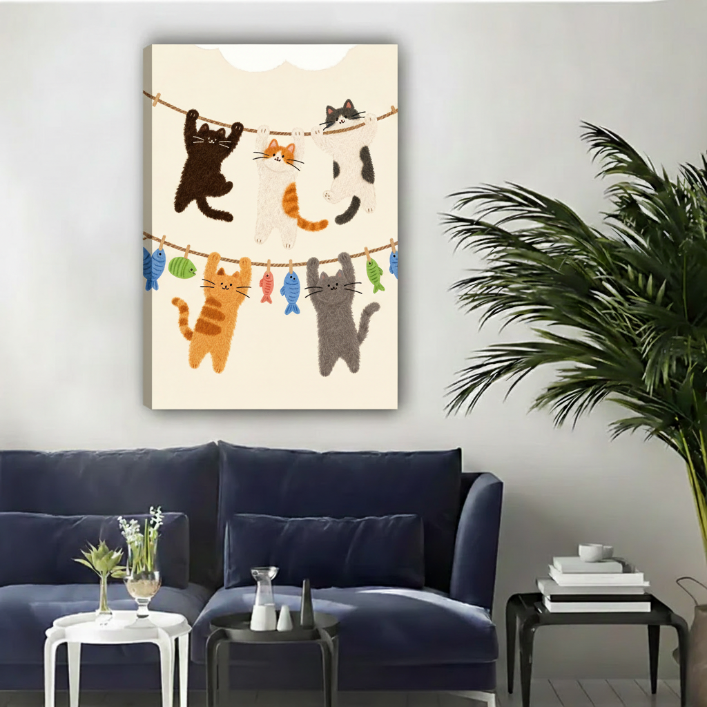 Gallery wrap kawaii cats on clothesline canvas print in cozy bedroom with wooden stool
