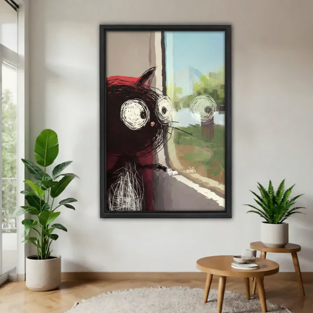 Curious black cat with big eyes peeking out window sketch canvas wall art — charming illustrated cat print for home decor