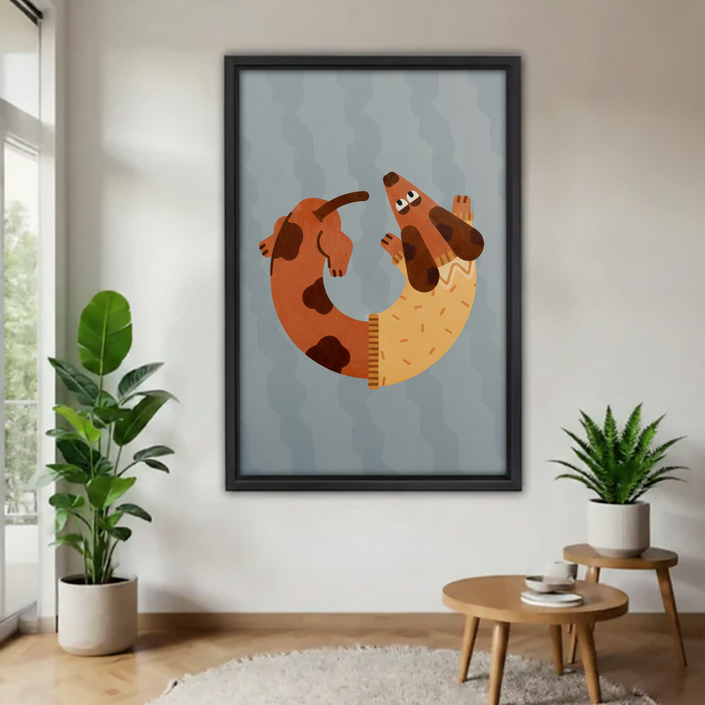 Funny dachshund circle tail framed canvas wall art print in black frame — whimsical dog home decor
