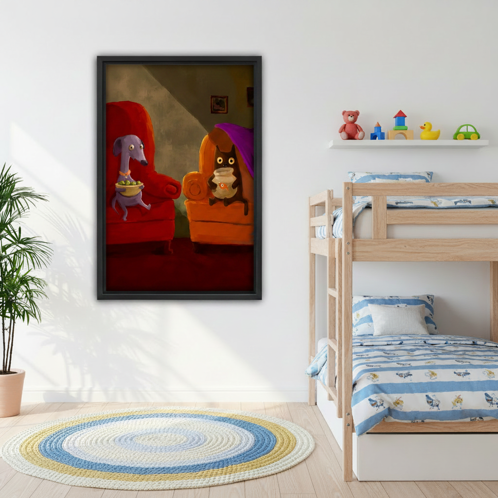 Funny dog and cat canvas print hanging in bright living room above sofa, cute pet wall art for warm and playful home decor