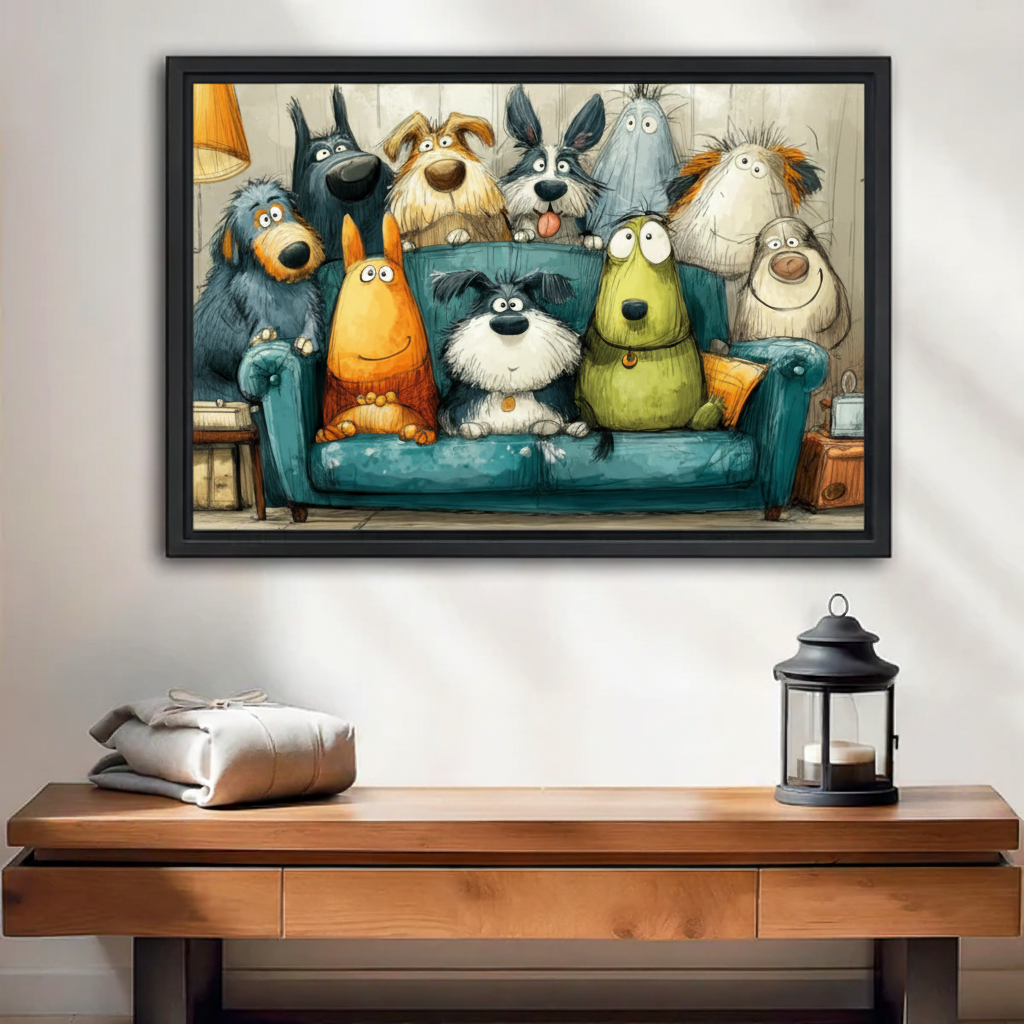 Funny cartoon dogs on a teal sofa framed canvas wall art above entryway console, whimsical dog lover decor