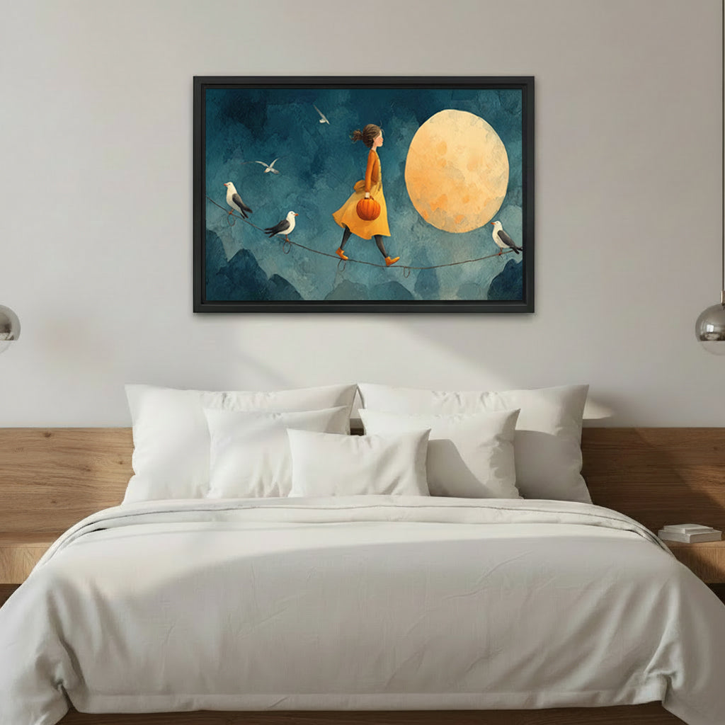 Moonlit girl walking tightrope dreamy fantasy framed canvas wall art above bed in modern bedroom