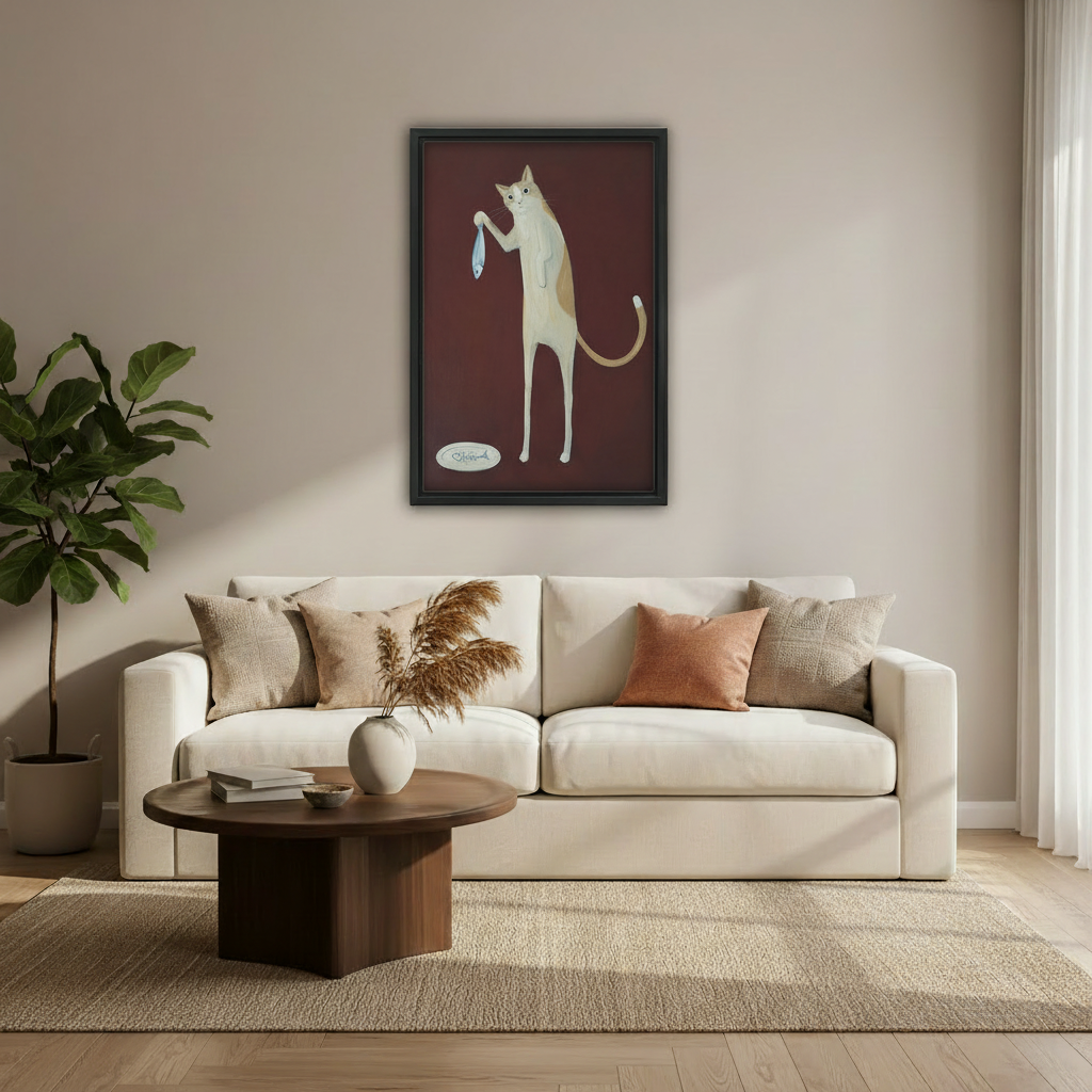 Whimsical cat holding fish canvas print – eclectic wall art for living room