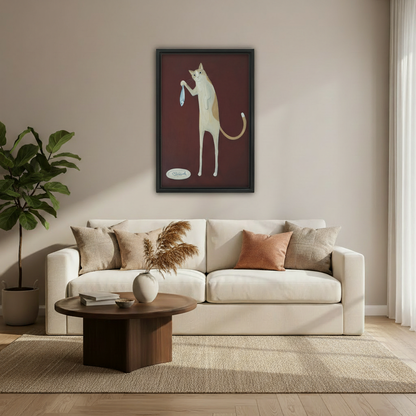Whimsical cat holding fish canvas print – eclectic wall art for living room