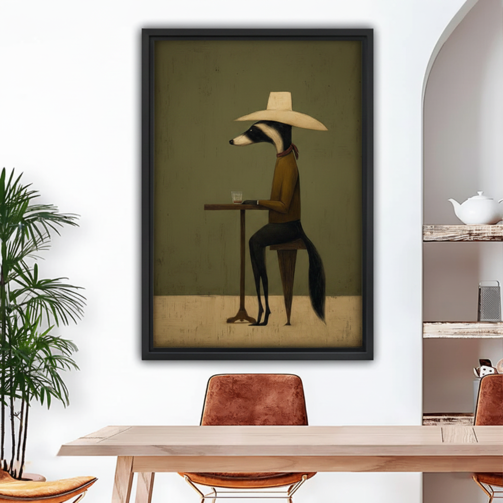 Folk art framed canvas wall art featuring a stylized badger with wide-brim hat at a bistro table, black float frame, dining room setting