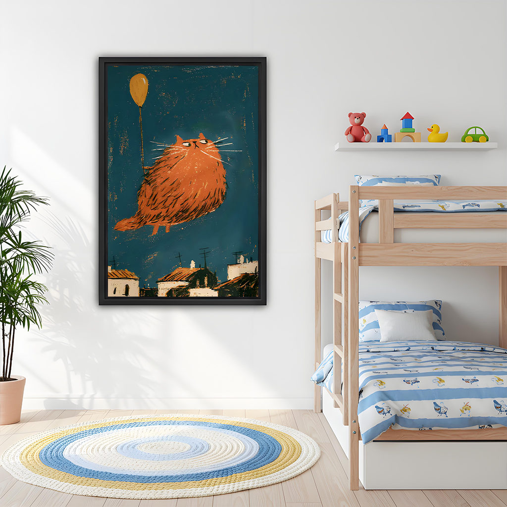 Balloon cat canvas wall art beside a bunk bed in a bright children's bedroom