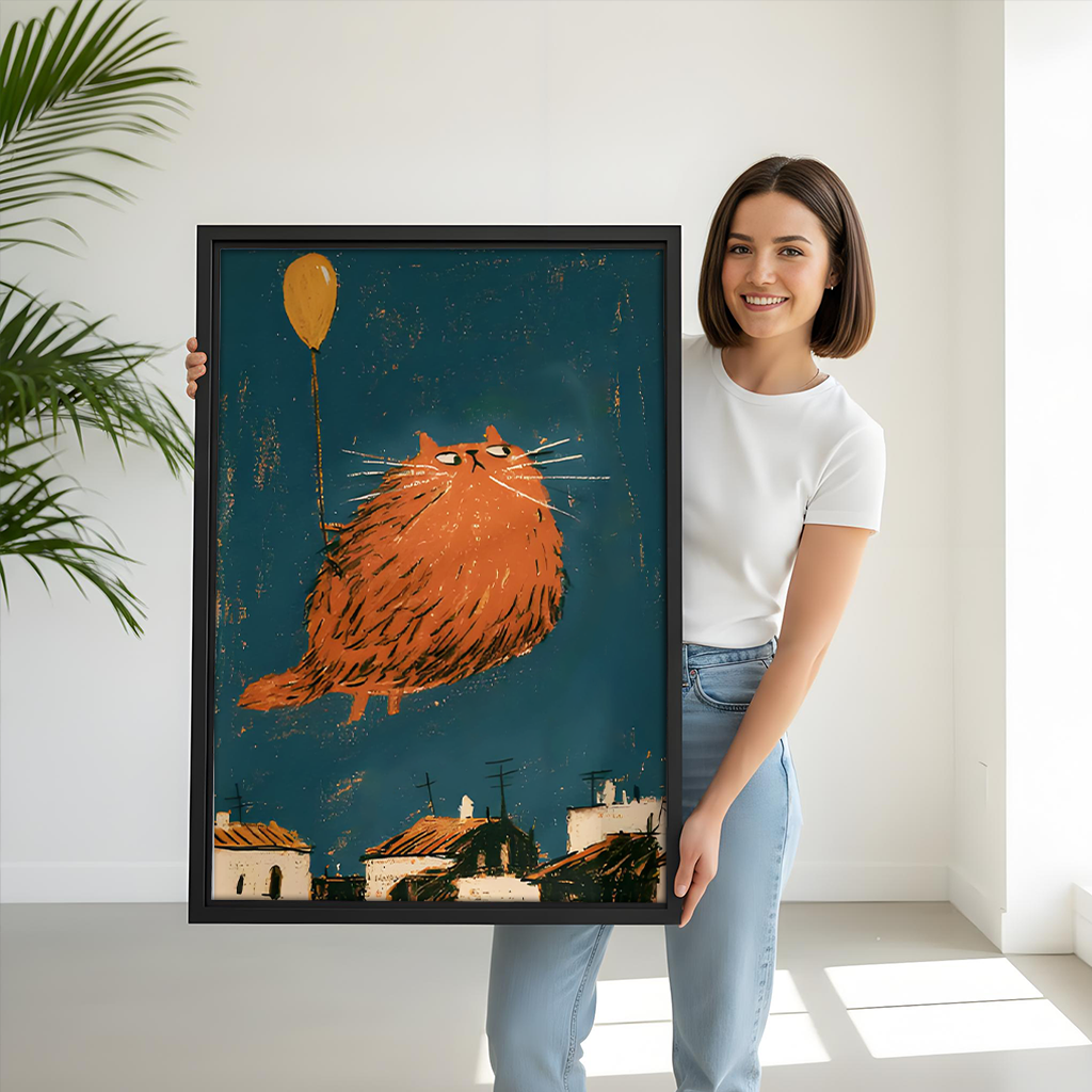 Whimsical orange cat canvas wall art above a dining table beside a mirror and palm