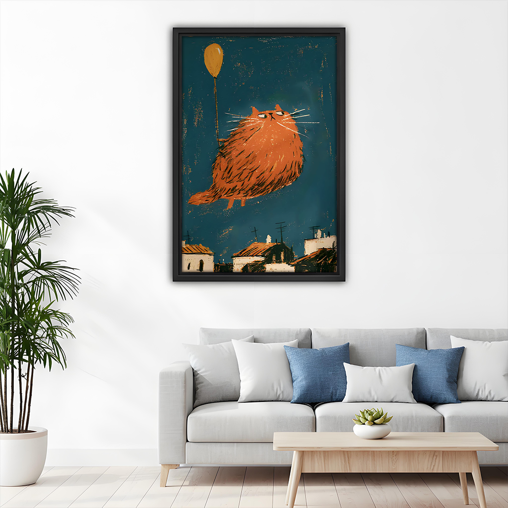 Orange balloon cat canvas wall art shown as a gallery-wrap canvas above a dining table
