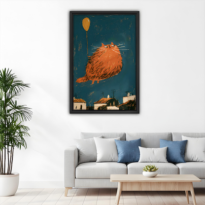 Orange balloon cat canvas wall art shown as a gallery-wrap canvas above a dining table