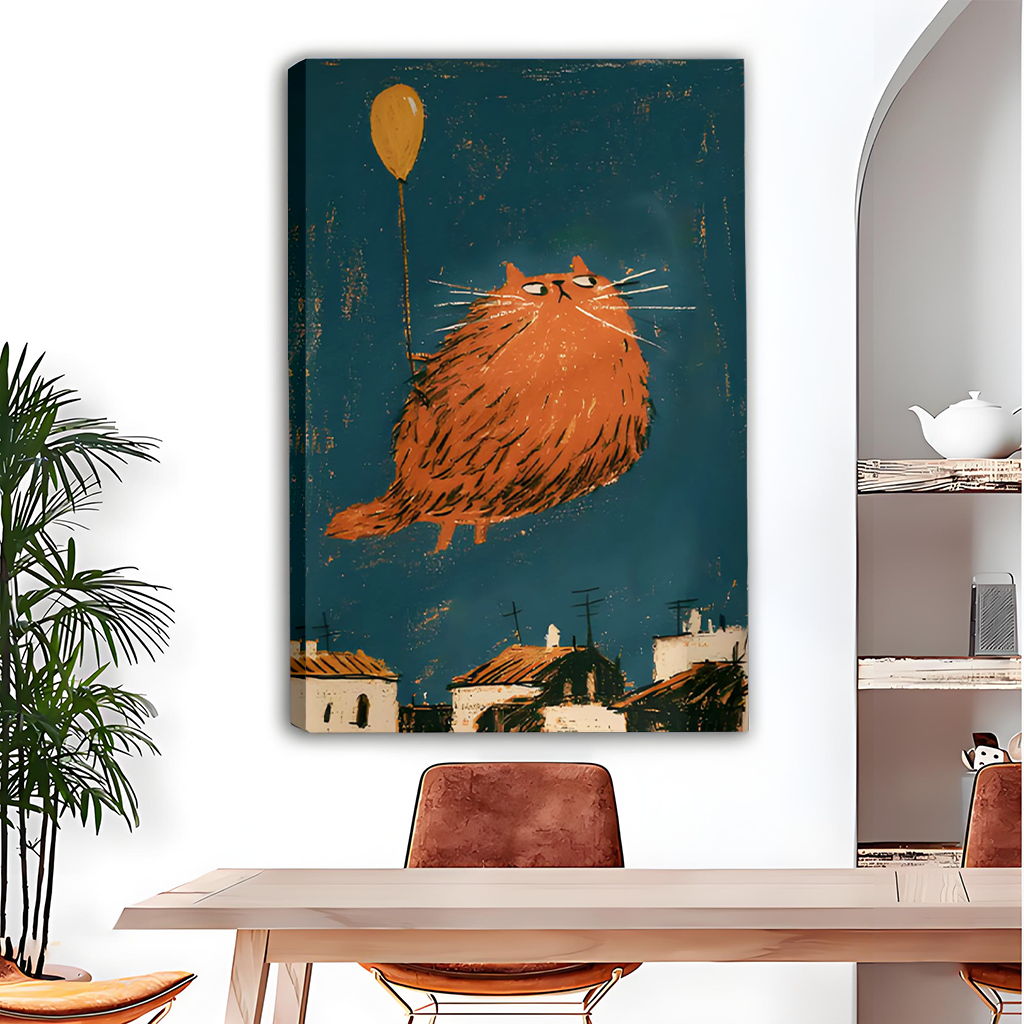 Balloon cat canvas wall art held by a smiling woman, showing the framed artwork's vertical scale