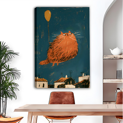 Balloon cat canvas wall art held by a smiling woman, showing the framed artwork's vertical scale