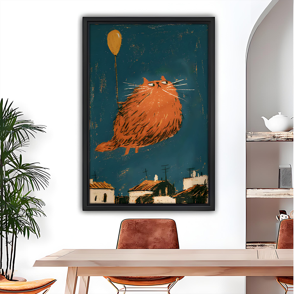Whimsical balloon cat canvas wall art in a black frame above a sofa in a bright living room