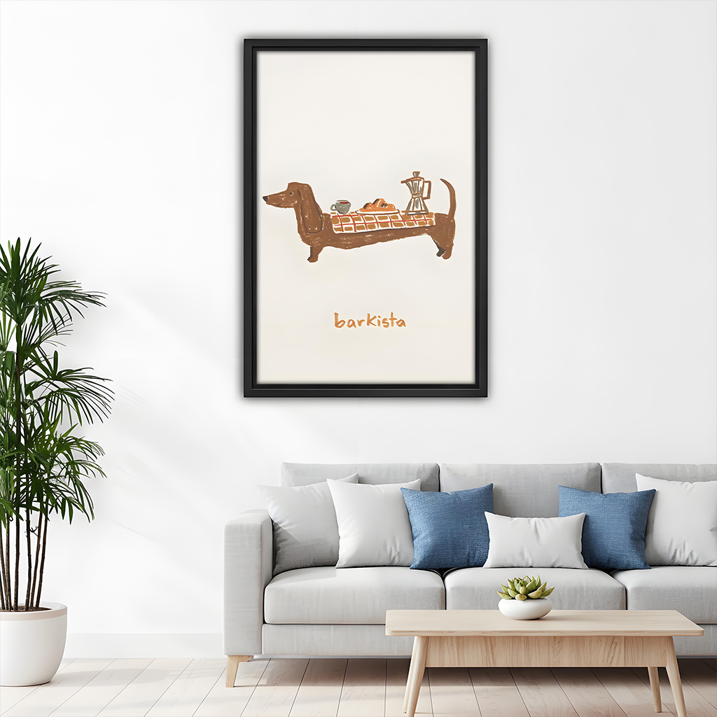 Black-framed dachshund coffee canvas wall art showing a cup, croissant, and moka pot displayed beside wooden bunk beds.