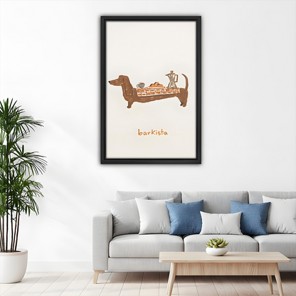 Black-framed dachshund coffee canvas wall art showing a cup, croissant, and moka pot displayed beside wooden bunk beds.