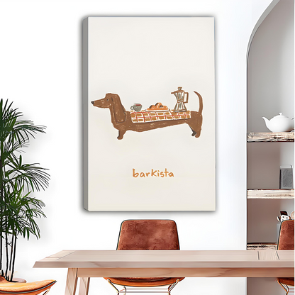 Black-framed dachshund coffee canvas wall art featuring barkista lettering and a brown dog carrying coffee above a dining table.