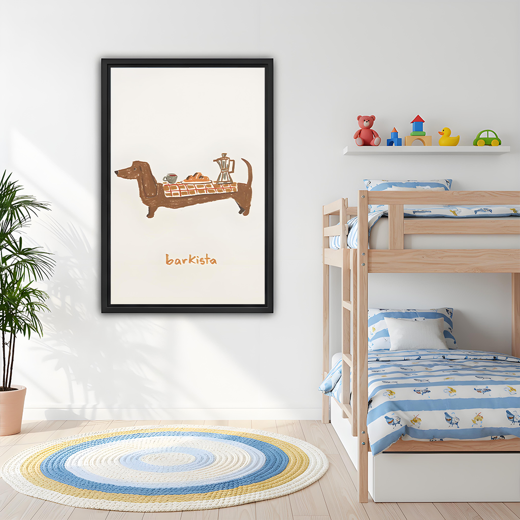 Framed dachshund coffee canvas wall art with barkista lettering and warm brown tones displayed above a gray sofa.