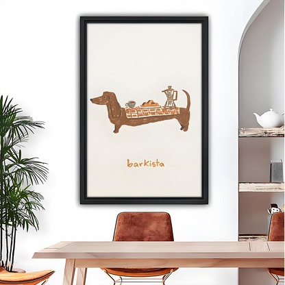 Gallery-wrap dachshund coffee canvas wall art with barkista lettering, a cup, croissant, and moka pot above a dining table.