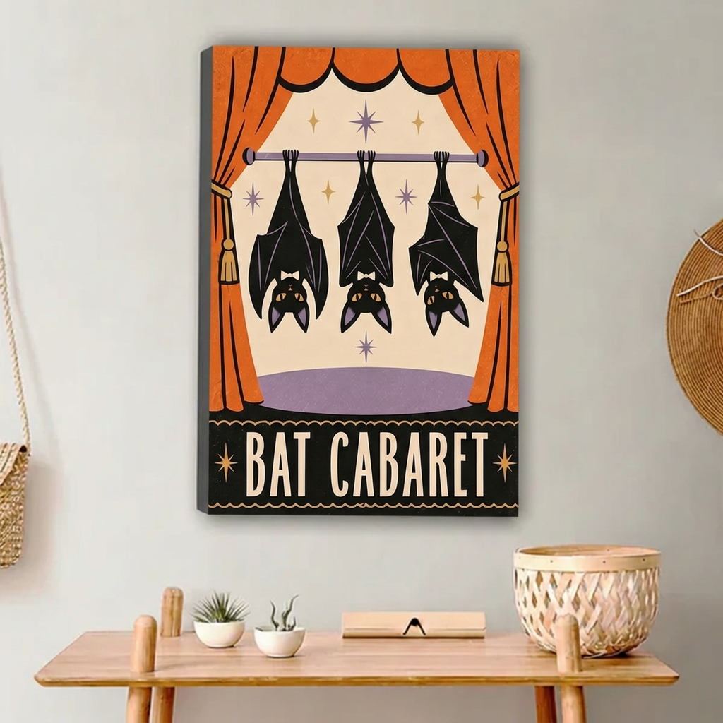 Gallery-wrap Bat Cabaret canvas wall art with visible wrapped edges above a wooden console with plants and a basket.