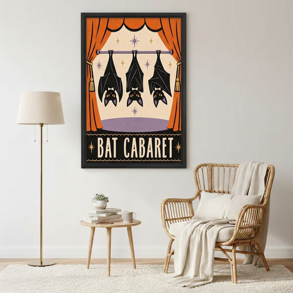 Bat Cabaret canvas wall art in a black frame beside a rattan reading chair and a floor lamp.