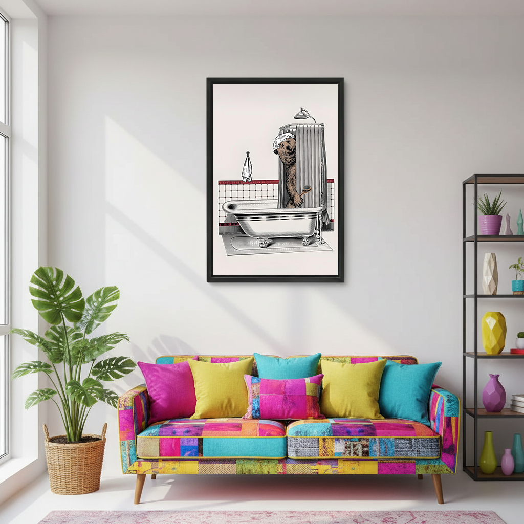 Framed bathing bear canvas wall art showing a bear in a shower cap above a toilet in a marble bathroom.