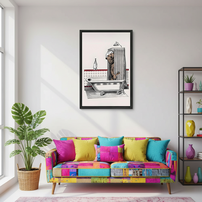 Framed bathing bear canvas wall art showing a bear in a shower cap above a toilet in a marble bathroom.