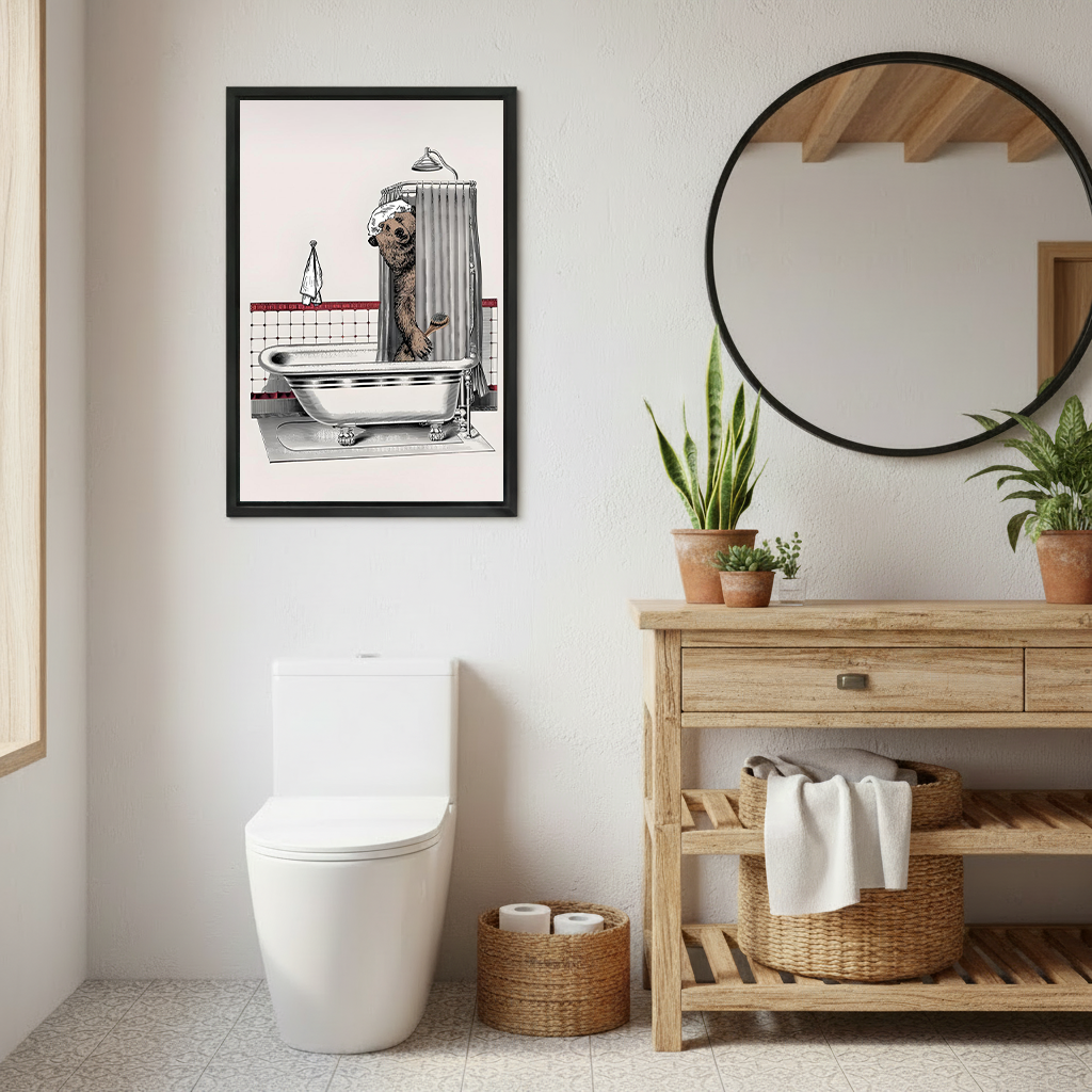 Whimsical bathing bear canvas wall art in a black frame above a colorful patchwork sofa beside leafy plants.