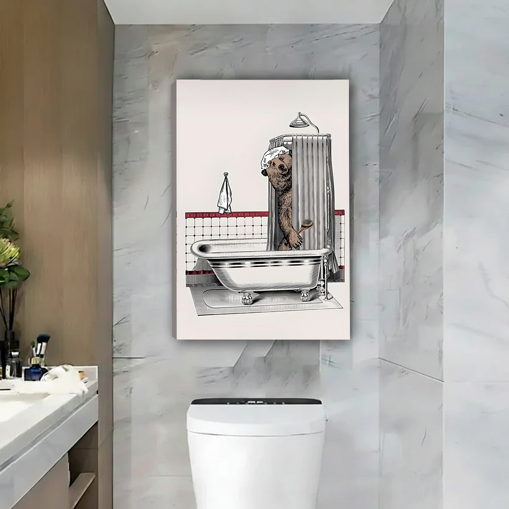 Gallery-wrap bathing bear canvas wall art displayed above a toilet against gray marble bathroom walls.
