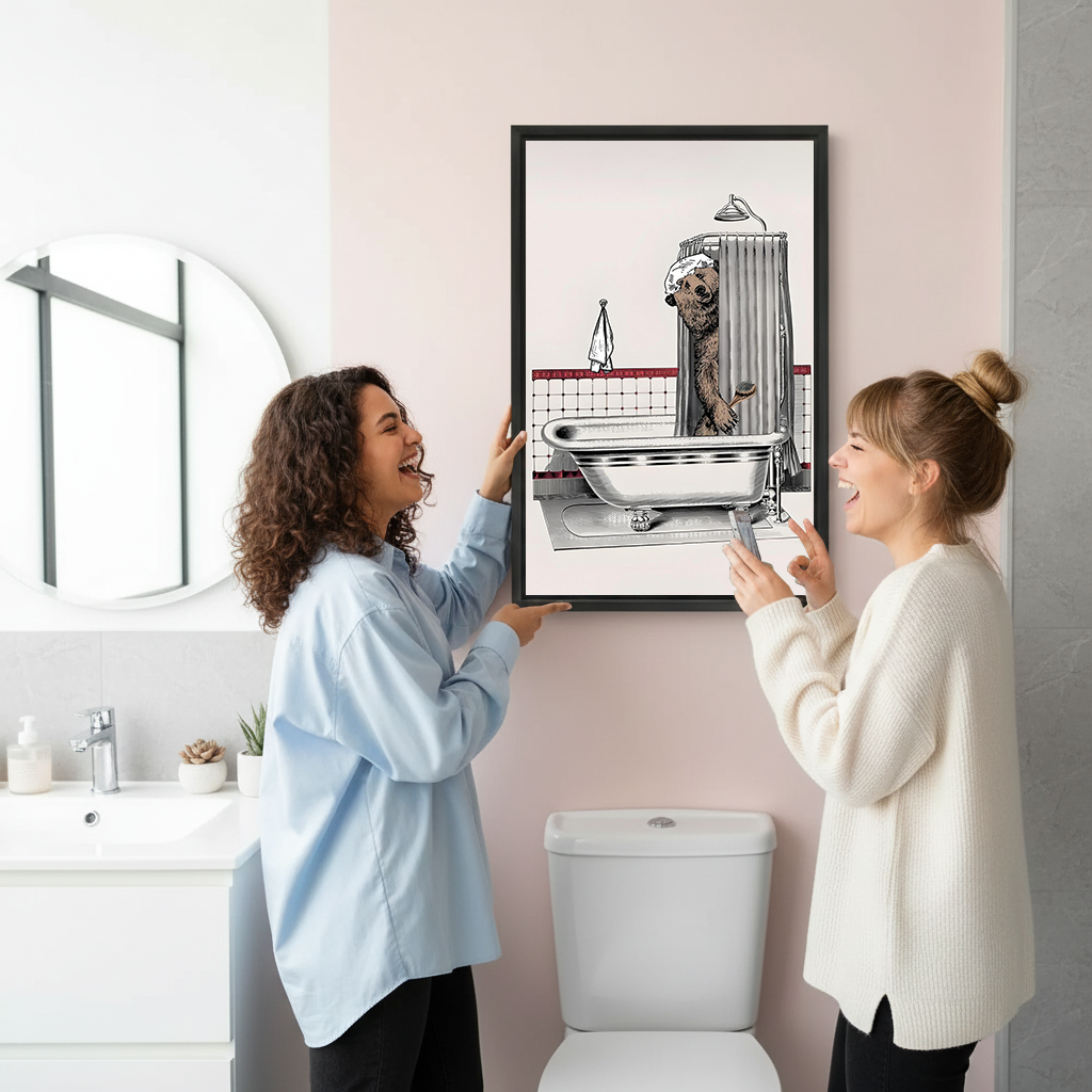 Black-framed bathing bear canvas wall art beside a rustic wooden vanity, round mirror, and potted plants.