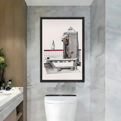 Two women smiling beside black-framed bathing bear canvas wall art featuring a shower curtain and clawfoot tub.