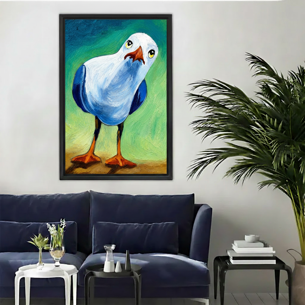 Funny seagull oil painting framed canvas wall art print above navy blue sofa in modern living room