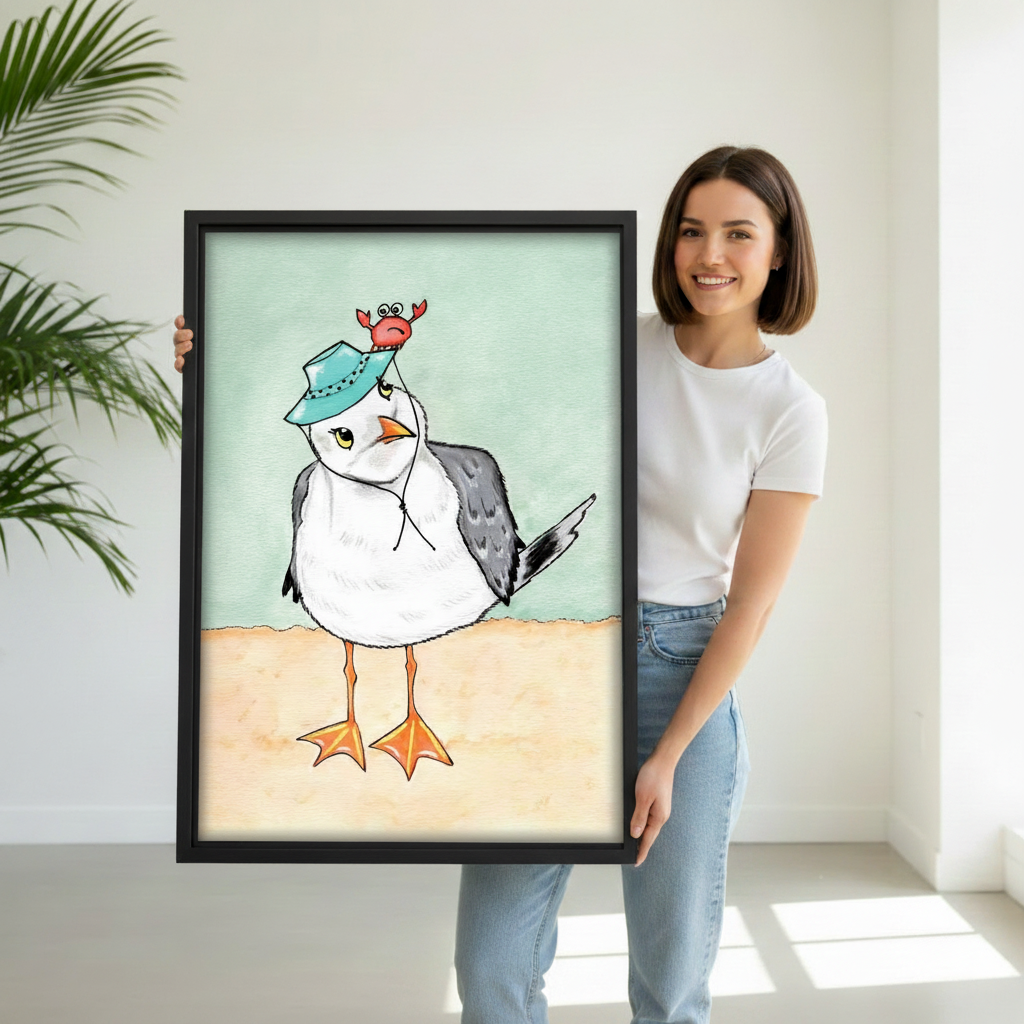 Woman pointing at whimsical seagull crab hat canvas wall art – watercolor print in modern hallway