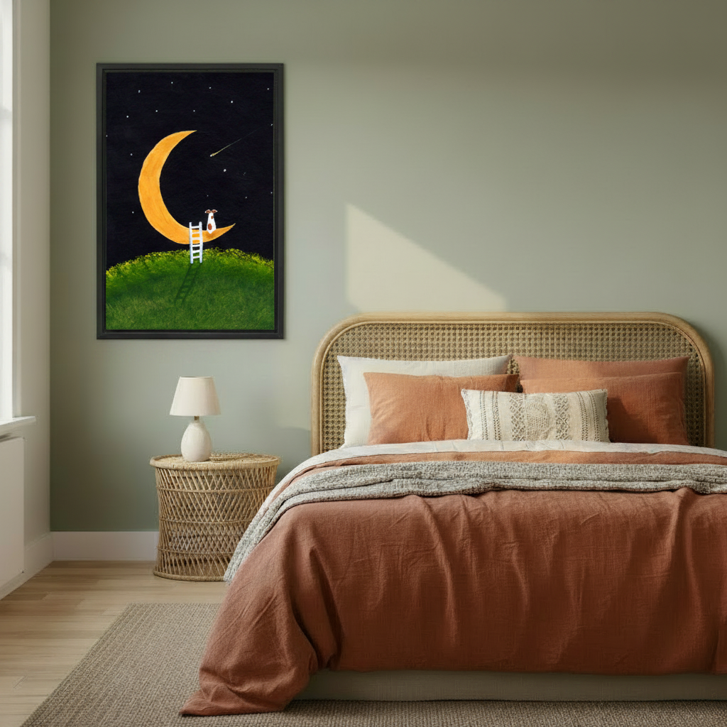 Dreamy dog climbing to the moon framed canvas art print hanging in a cozy bedroom, whimsical night sky wall decor for kids or adults
