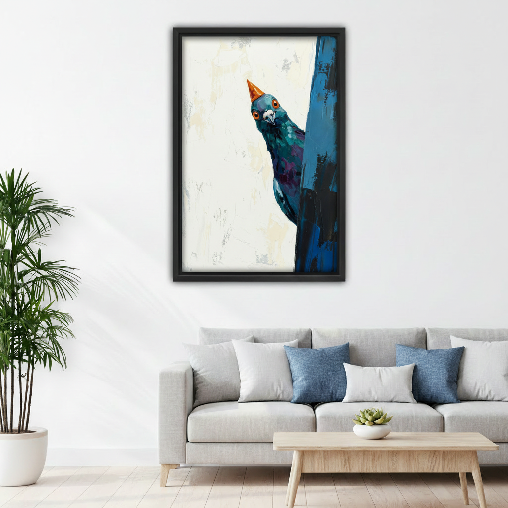 Whimsical pigeon party hat impasto oil painting framed art – black frame above cream sofa in living room