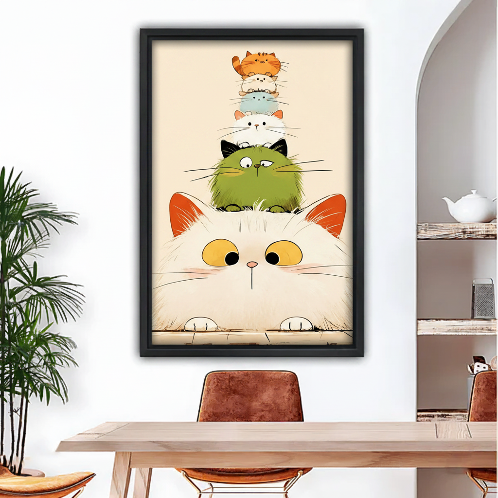 Cute stacked cats cartoon framed wall art, black frame, five cats tower illustration, above dining table