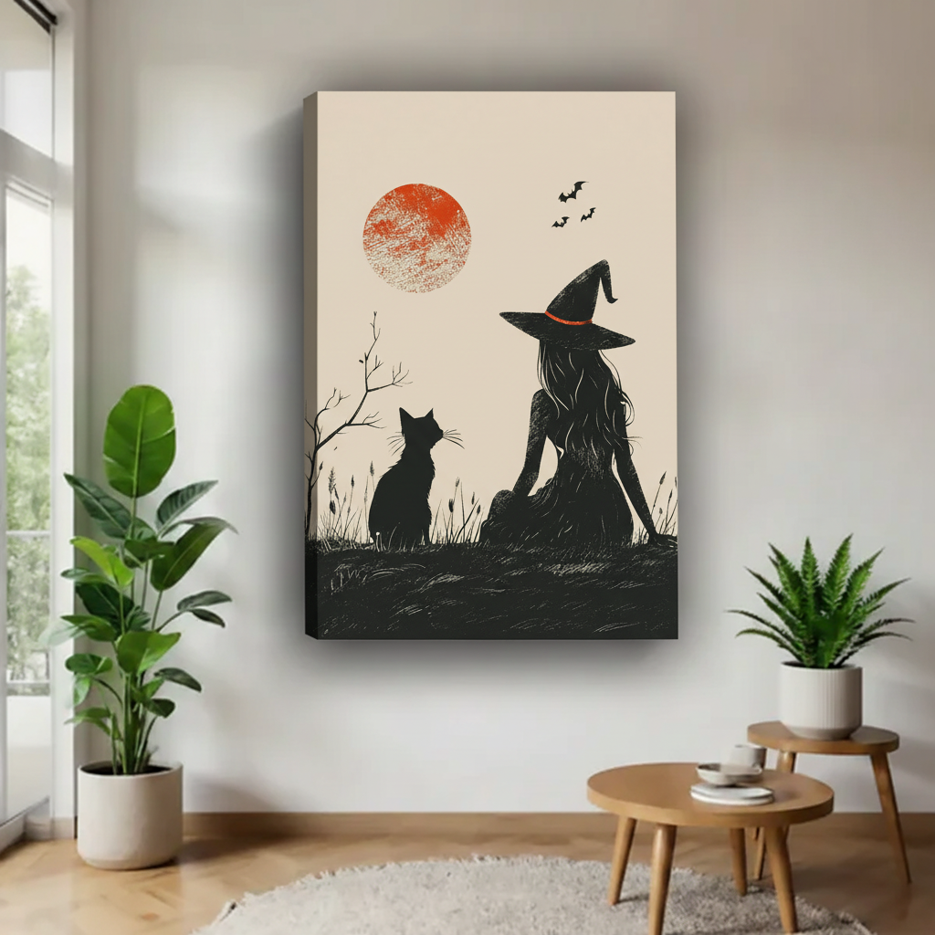Halloween witch black cat gallery wrap canvas print — silhouette art with red moon and flying bats, frameless spooky wall decor