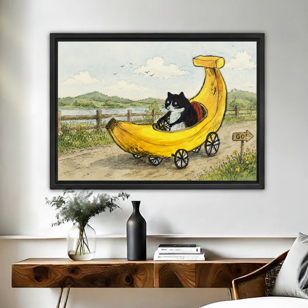 Funny cat driving banana car framed canvas wall art print, whimsical home decor