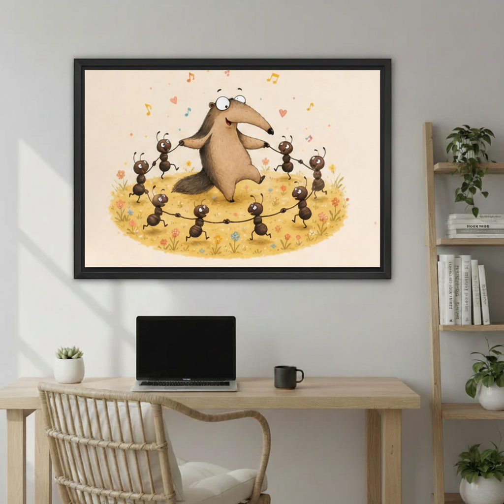 Whimsical nursery canvas print, dancing anteater with ants, colorful animal wall art