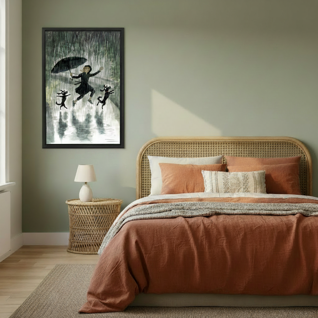 Whimsical girl dancing in rain with black cats framed canvas displayed above bed in cozy bedroom — joyful anime art print for bedroom decor