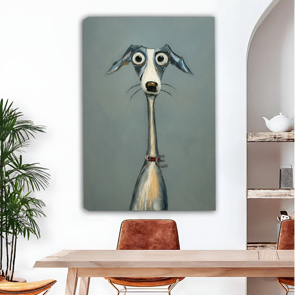 Quirky greyhound dog canvas wall art, frameless gallery wrap, whimsical pop art dog illustration with googly eyes on grey-blue background, hung in a bright dining room with indoor plants