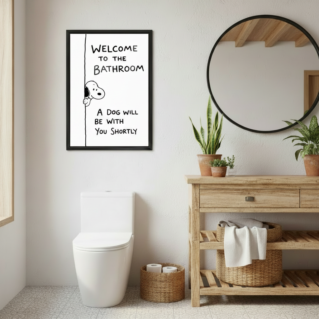 Funny dog bathroom wall art framed canvas in cozy bedroom – dog lover humor print home decor