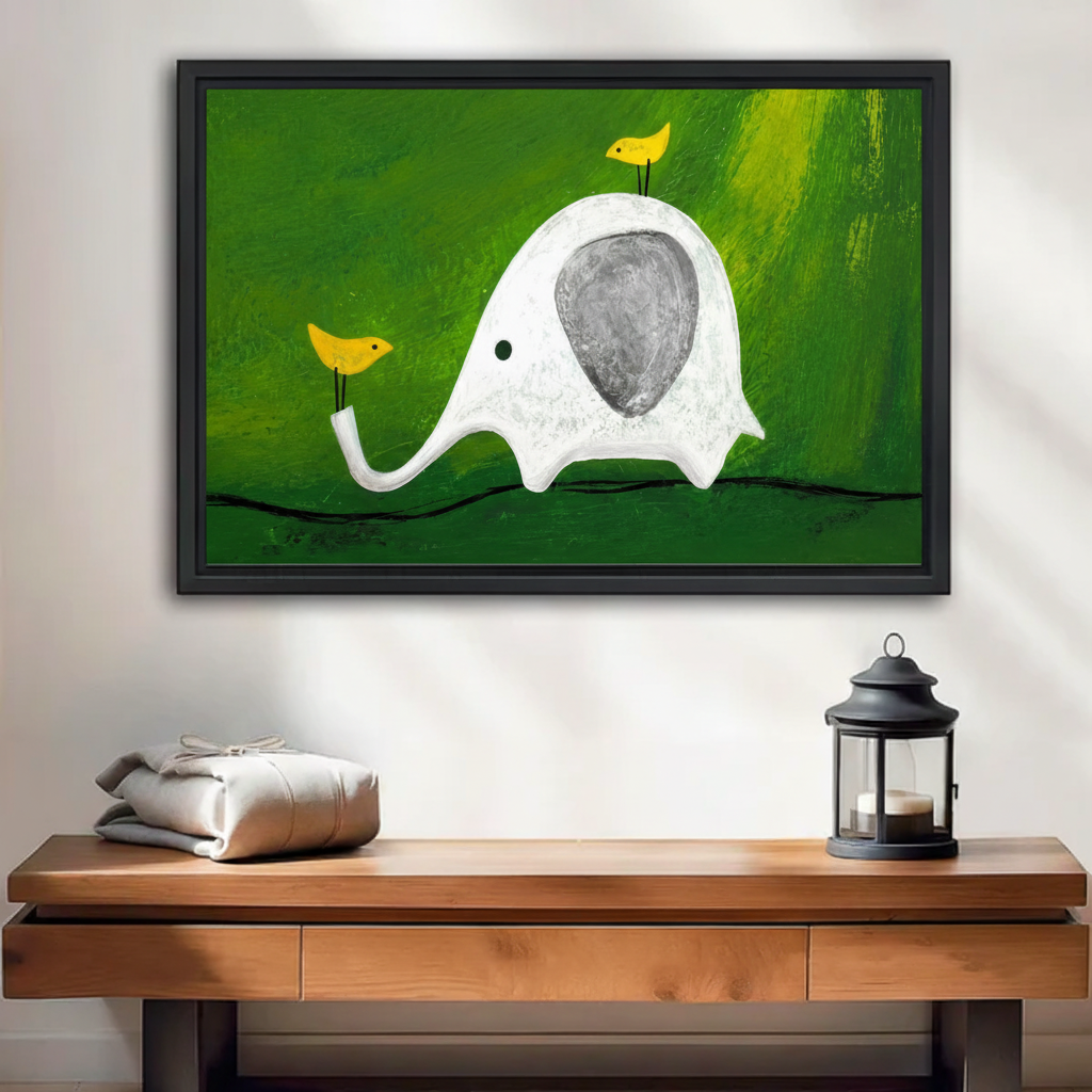 Whimsical white elephant and yellow birds green framed canvas wall art, oil painting style