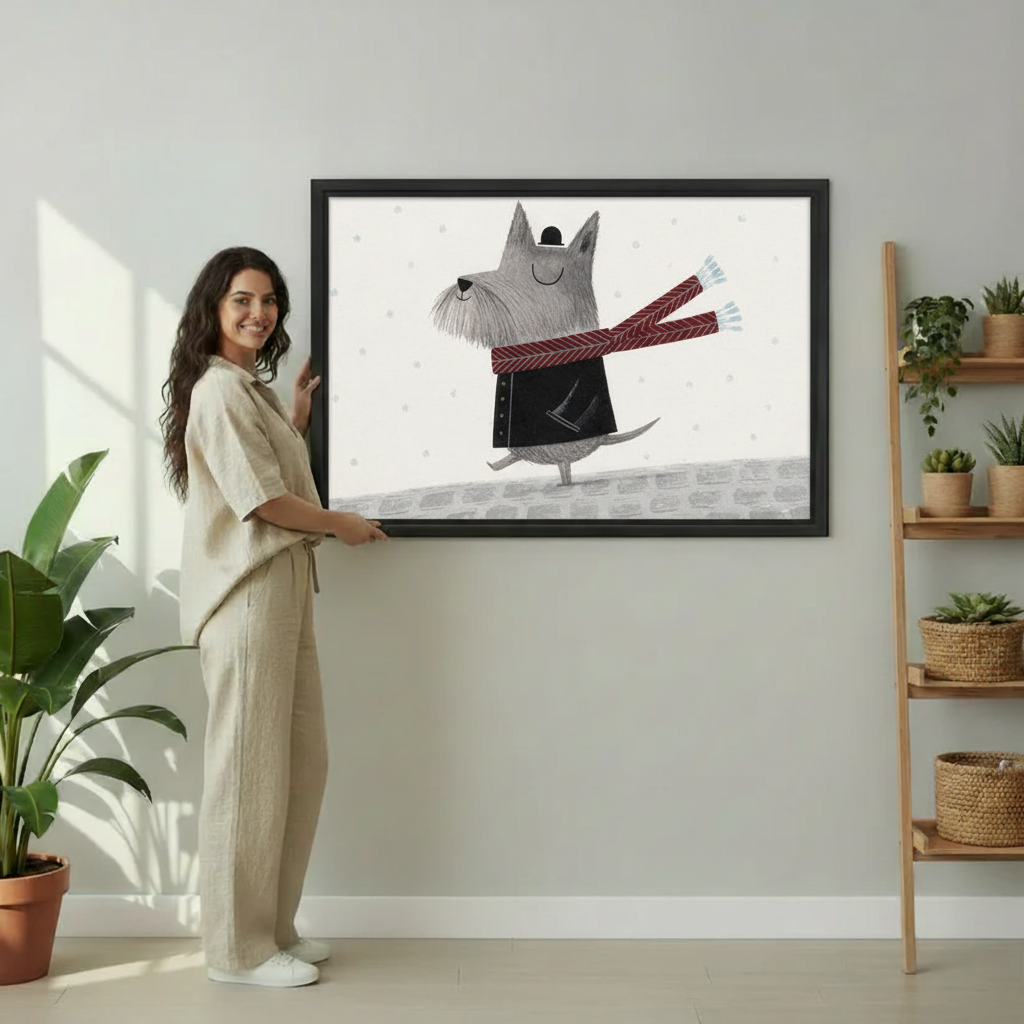 Scottish Terrier winter coat scarf canvas art, cozy nursery wall decor