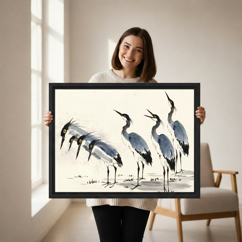 Woman holding large Chinese ink heron canvas print, elegant blue-grey bird wall art, minimalist Asian inspired home decor