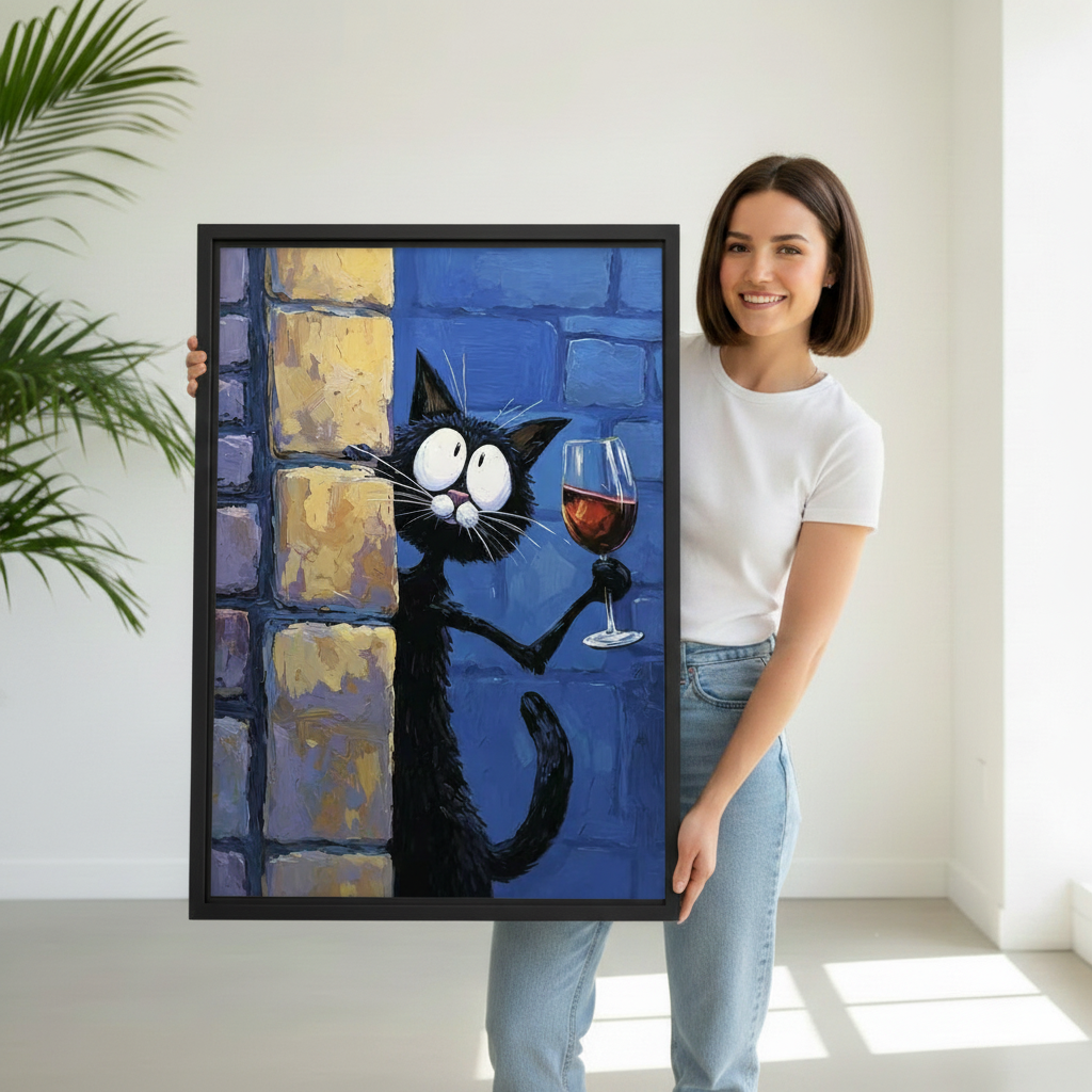 Woman holding funny black cat wine canvas wall art print, humorous cat lover gift idea for kitchen and home decoration