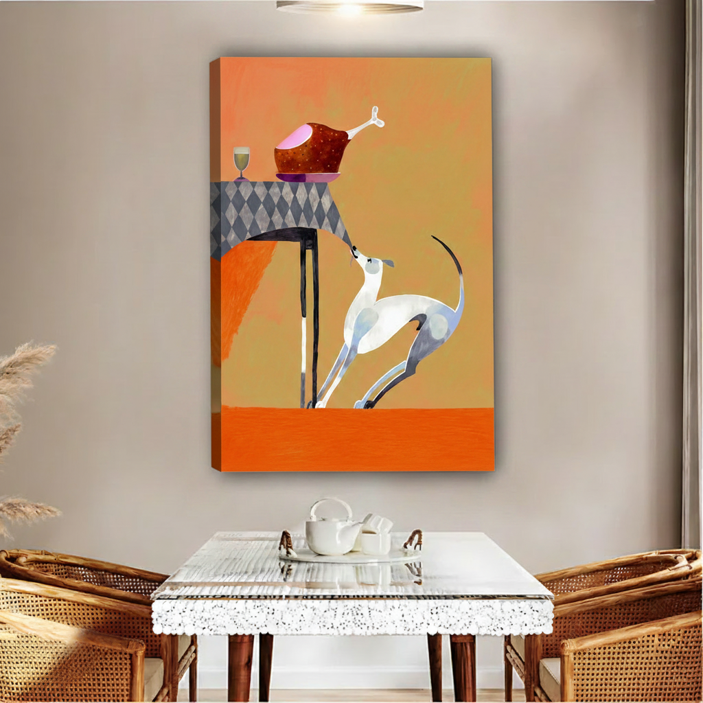 Greyhound eyeing roast turkey framed canvas print – bold wall art for dining room